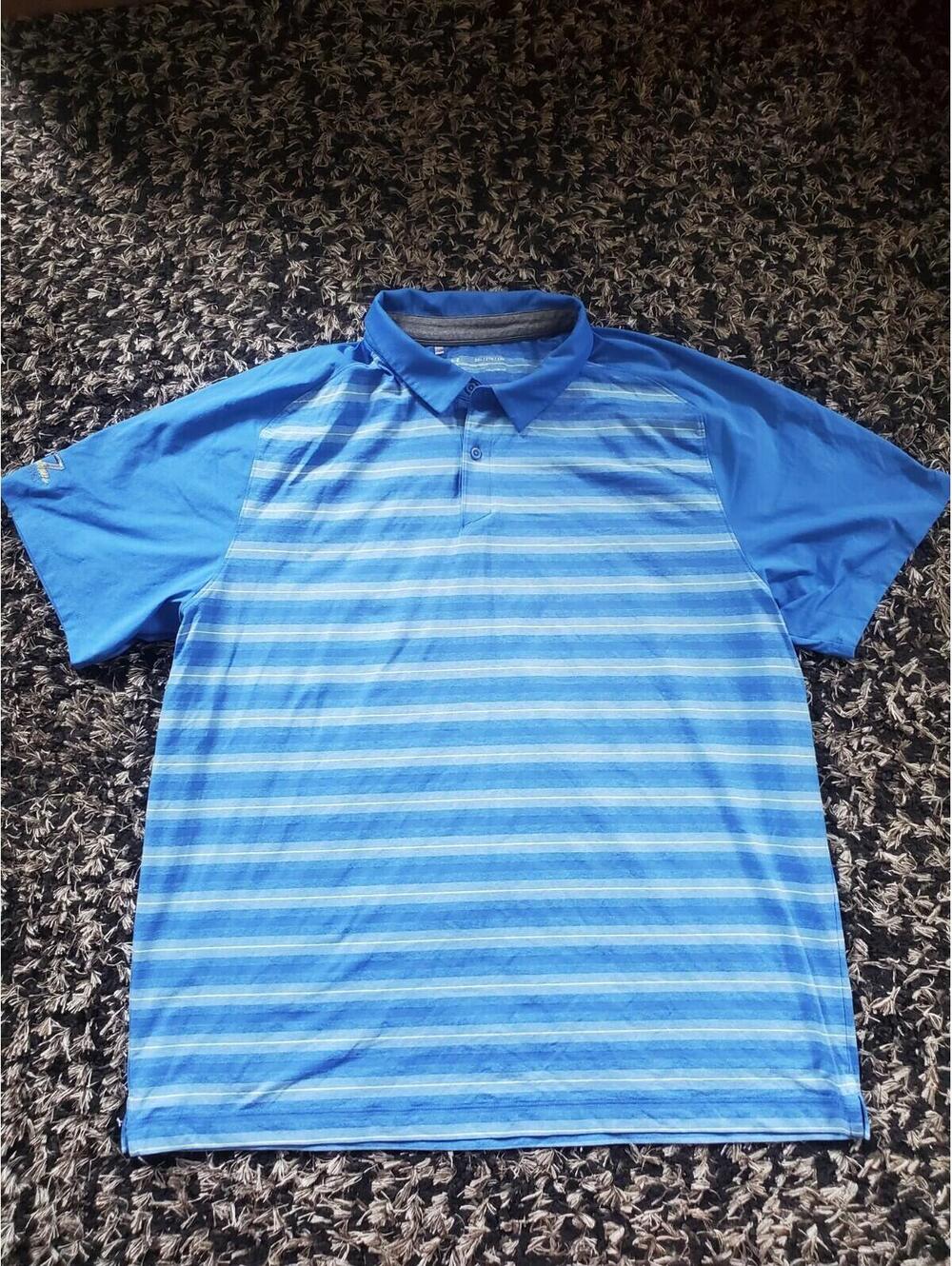 Under Armour Heat Gear Polo XXL Loose Fit Blue Striped Logo Embroidered